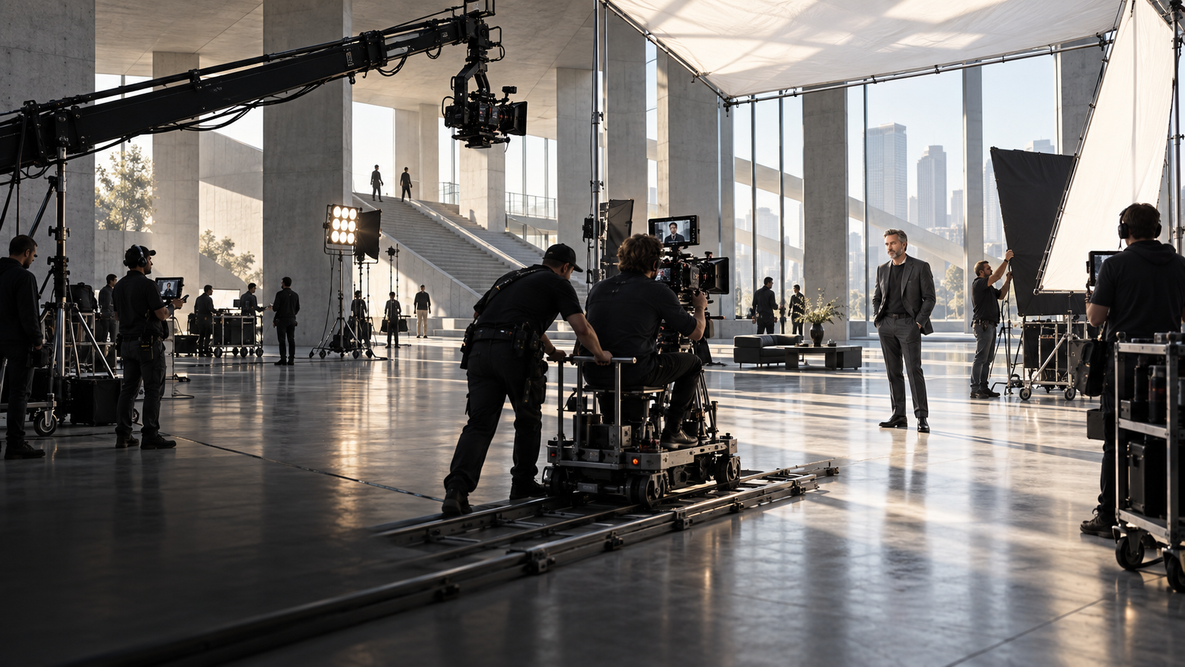 KI-generierte Werbeproduktion mit Celebrity, großer Filmcrew und Kamerakran in weitläufiger Architektur-Location